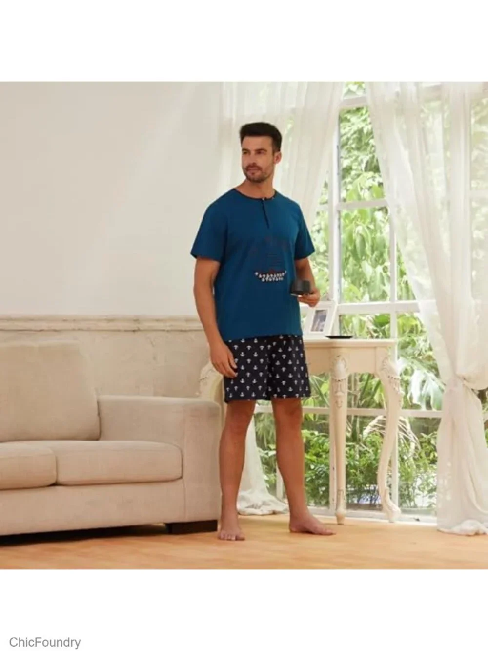 Mens Cotton Henley Pajama Set Short Sleeve T-Shirt & Shorts Sleepwear